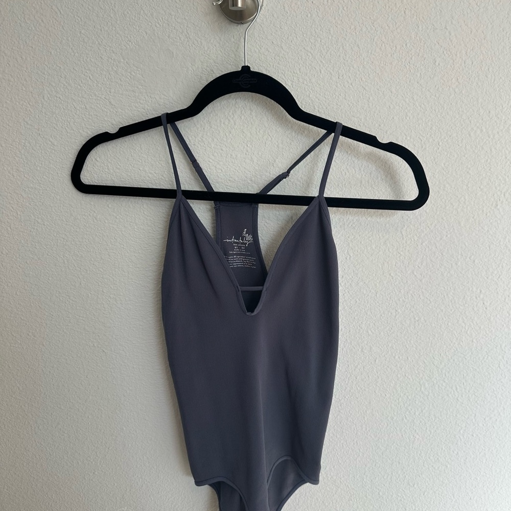 Free People Blue Ribbed V-Neck Bodysuit